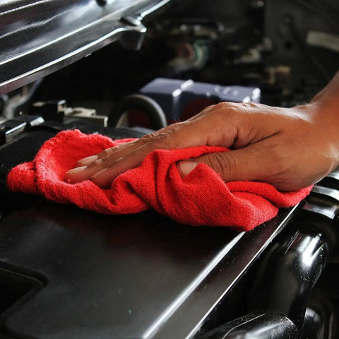 Premium Cotton Shop Towels 14x12 Inches 90-Count Reusable Cleaning Rags For Auto, Garage, Home And Industry Absorbent Grease Oil Spill Cleanup With Premium Recycled Fibers Red