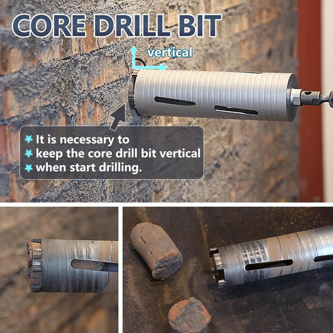 Two And A Half Inch Diamond Dry Core Drill Bit With Ten Inch Drilling Depth For Concrete Masonry Brick Block Five Eighth Inch Thread Includes SDS Plus SDS Max And Hex Adapters Rotary Only Diamond Alloy Tip in use against a brick wall, showing front and side views, and drilling debris.