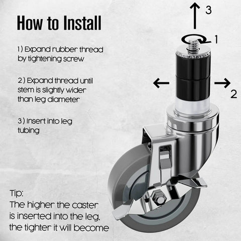 4-Inch Table Casters Set Of 4 With Expanding Stem Stainless Steel Locking Non Marring Rubber Wheels installation guide.