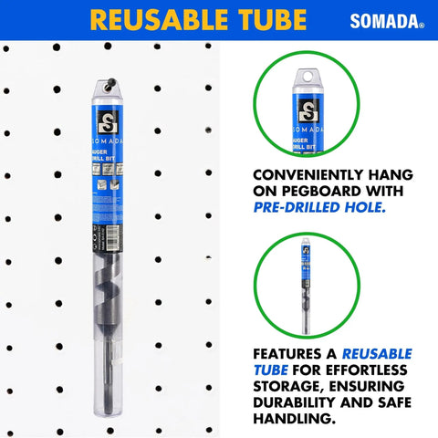 Half Inch By Twelve Inch Auger Drill Bit With Three Eighths Inch Hex Shank Long Ship Auger For Wood Plastic Drywall And Composite Materials Delivers Deep Clean Holes In Soft And Hard Wood in reusable tube on pegboard