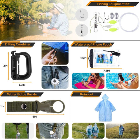 Components of 250 In 1 Survival Kit With 250 Pieces Of Tactical Gear And Trauma Bag First Aid Supplies, including fishing kit, carabiner, phone pouch, water buckle, and raincoat.