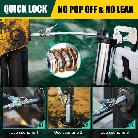 Upgraded 14000 PSI Grease Gun Coupler with Locking Sealing Jaws Attached to Hose in Various Use Scenarios