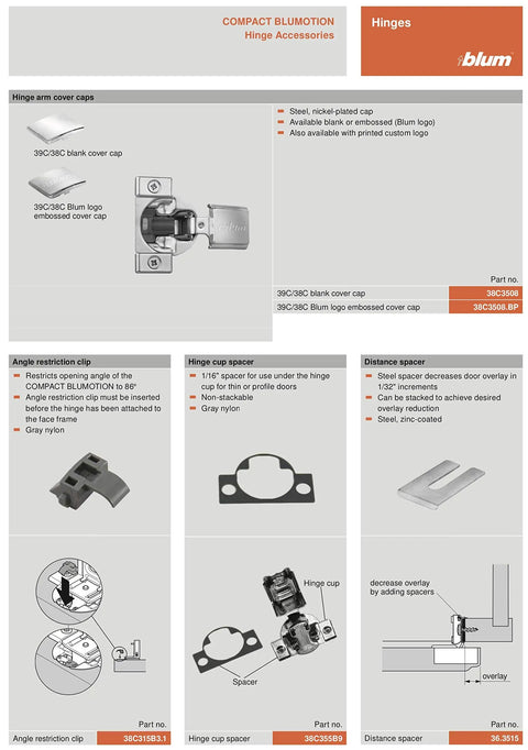 Diagram of Compact BLUMOTION 39C hinge components, including arm cover caps and distance spacer for cabinet installation.