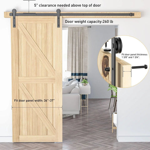 Wooden door installed with 6.6Ft Barn Door Hardware Kit With Adjustable Floor Guide For Quiet, Smooth Sliding - Built Tough, Heavy Duty Track System Fits 36 To 40 Inch Wide Panels, Black I Shape Hanger