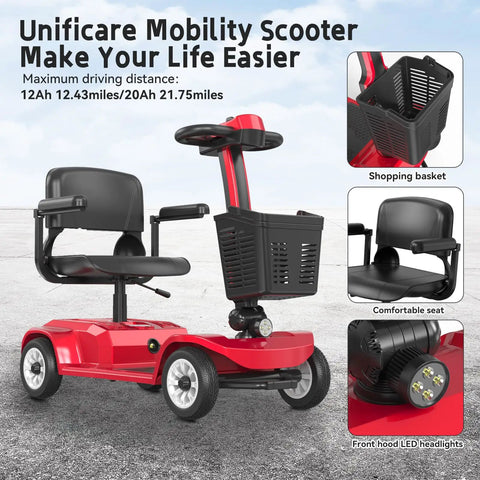 Movcan X-02 four-wheel red mobility scooter with front shopping basket and swivel seat