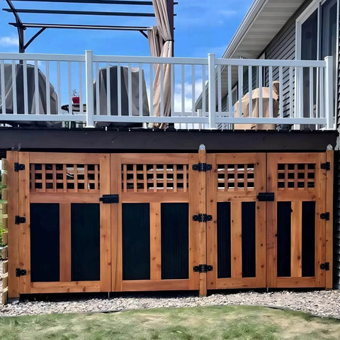 Outdoor wooden fence with 3-1/2 Inch Heavy Duty Gate Hinges 4 Pack Black Iron Shed Door Hinges installed, view of entire gate structure.