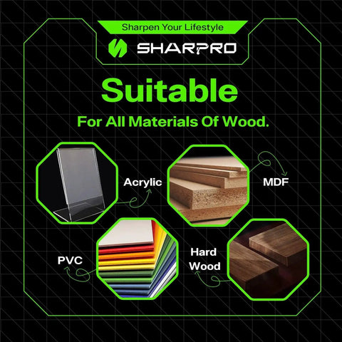 Various materials for woodworking including acrylic, MDF, PVC, and hardwood showing compatibility for router bits.