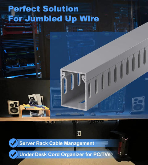 Under Desk Cable Management Raceway Kit 6X 16.5 Inch Sections in Grey, shown with open slot design for server rack organization