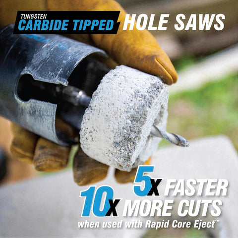Pro Grade Tungsten Carbide Tipped Hole Saw Kit with 12 Saws from Three Quarters to Four and a Half Inches shown during use