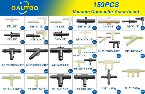 159 piece 32 Size Automotive Vacuum Tubing Connector Kit With 159 Pieces For Vacuum Tee Connectors One Eighth To Three Eighths Inches Nylon Construction Durable Assortment For Quick Repairs And Reliable Replacements Fitment For Cars Trucks And More By OAUTOO displayed in grid format.