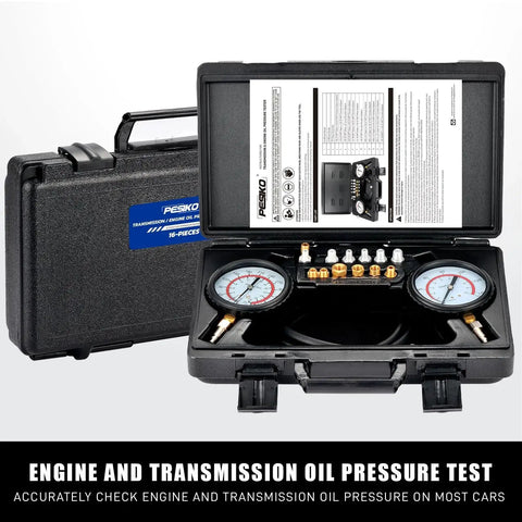 Engine And Transmission Oil Pressure Gauge Kit With Dual Range 0 To 400 Psi And 0 To 100 Psi, 72 Inch Hose, 13 Adapters, Durable Case