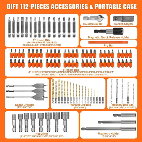 All In One 112 Piece Drill Bit Set With One Quarter Inch Hex Shank For Impact Driver And Screwdriver Bits In A Durable Tough Case For Wood Metal Masonry Drilling And Fastening ENERTWIST, showing various drill and screwdriver bits with insert bits, spade bits, titanium bits, and case overview.