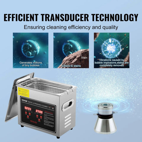 Front view of VEVOR stainless steel ultrasonic cleaning machine with digital timer and heater, 3L