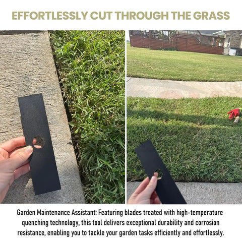 Two-panel view of a black edger blade strip with a 1-inch center hole, shown near concrete curb and on grass.