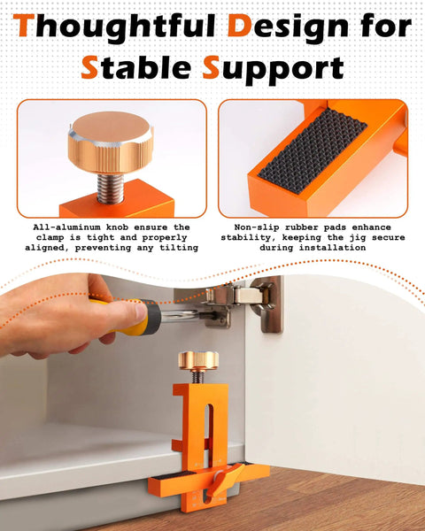 Door Mounting Jig For Cabinets That Lets You Hold Drill And Secure With One Tool No Extra Hands Needed, shown in use with cabinet.