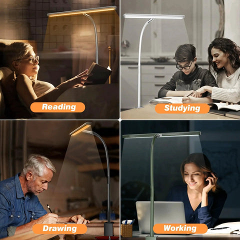 Four scenes showing the Dimmable LED Desk Lamp With Flexible Gooseneck And Clamp For Office And Home being used for reading, studying, drawing, and working.