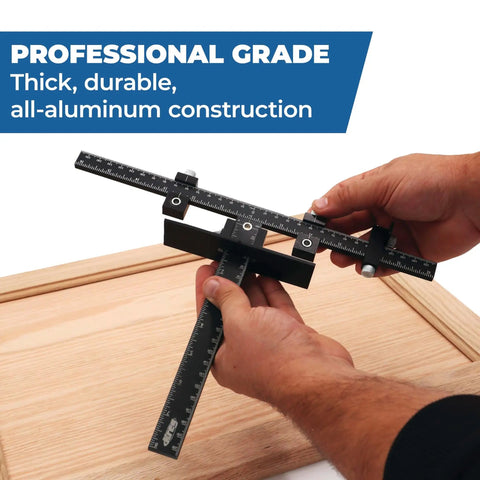 Hands adjusting Cabinet Hardware Jig Pro For Easy Knob And Pull Installations on a wooden surface, showing adjustable drill guides.