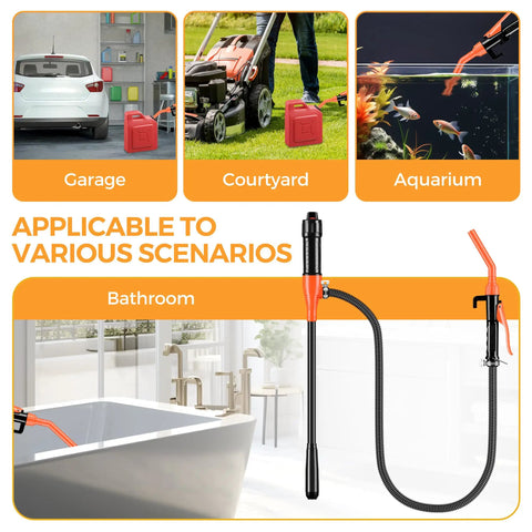 Portable Electric Fuel Transfer Pump 3 GPM Battery Powered Siphon For Oil And Fluids With Adjustable Flow Control Nozzle Orange Lightweight Outdoor Gasoline Transfer Pump Easy To Use displayed in different settings including garage, courtyard, aquarium, and bathroom.