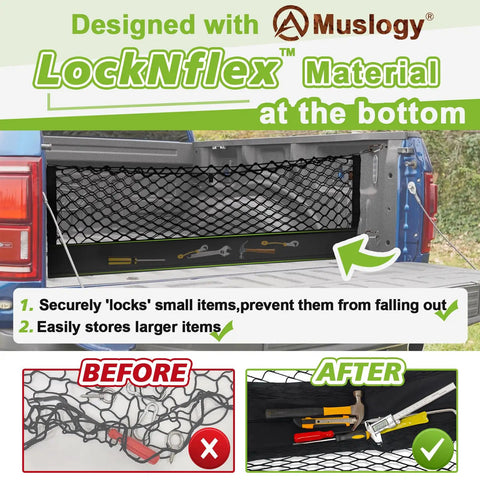 Heavy Duty Truck Bed Cargo Net For Silverado And Sierra Fits 2013 To 2026 1500 2500HD 3500HD Custom Laser Scanned Fit With LockNflex Material And Heavy Duty Carabiners Muslogy installed in truck bed showing tools secured.