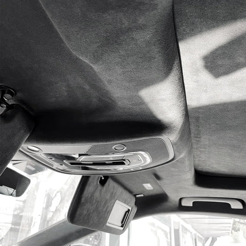 Car interior featuring Suede Auto Headliner Fabric 120 By 60 Inches With Foam Backing Black Interior installed on roof