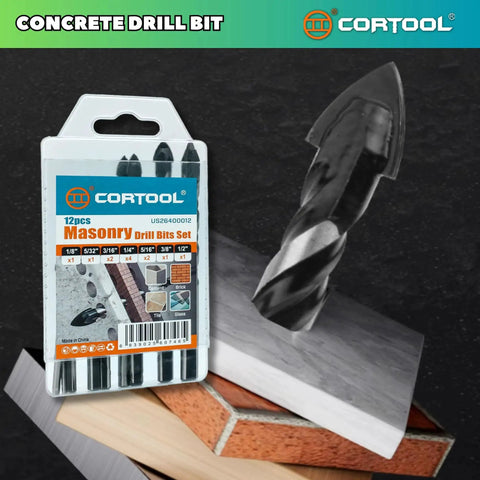 All-Purpose Masonry Drill Bit Set For Tile Brick Cement Glass And More, 12-Piece Carbide Tip Drill Bits in packaging and close-up of drill bit.