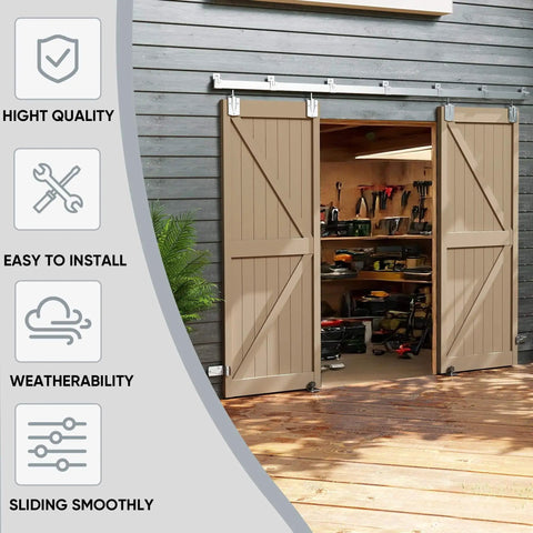 16 Foot Box Rail Exterior Barn Door Hardware Kit for Two Doors System installed on wooden structure, doors open