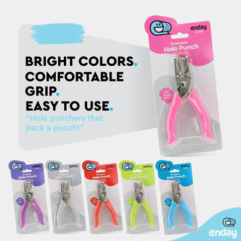 Metal Single Hole Punch For Paper And Crafts With Soft Grip Handles, Pink Quarter Inch Hole Puncher packaged colorful display
