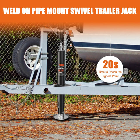 Five Thousand Pound A-frame trailer jack mounted on trailer frame with adjustable drop leg; cordless drill compatible