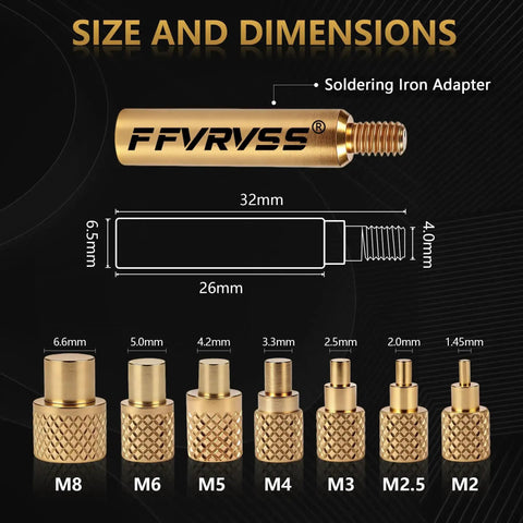 Image showing size and dimensions of brass insert tips and soldering iron adapter from 7 Piece Soldering Tips And Heat Set Insert Kit For Thread Inserts M2 To M8 Soldering Iron Adapter For 900M T18 FX 888D Budget Friendly Plastic 3D Printer Tools Set.