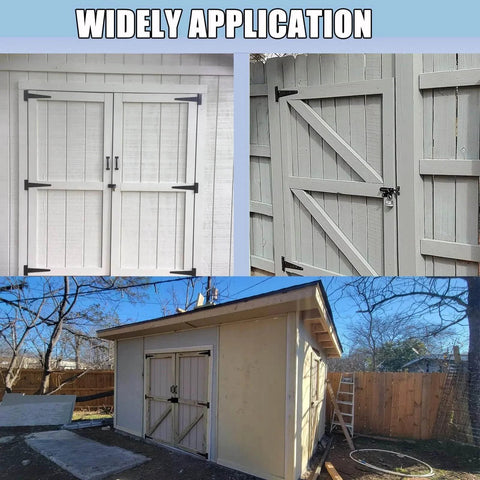 Heavy Duty Shed Door Hinges 6 Inch T Strap With 70 Screws installed on barn doors and wooden fences.