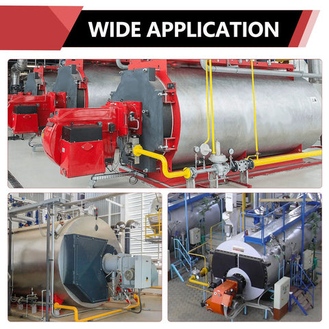 Industrial boiler system with red burner unit and yellow gas lines, wide view.
Industrial boiler system side view with grey shell and yellow piping.
Installed boiler assembly with silver cylinder and blue support frame.