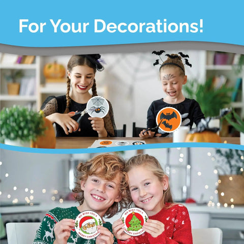 Children crafting with Pro Grade Printable Vinyl Sticker Paper For Inkjet And Laser Printers 56 Sheets Glossy White Self Adhesive Waterproof Paper Dries Quickly With Vivid Colors Holds Ink Well And Tear Resistant For Indoor And Outdoor Use, making Halloween and Christmas decorations.