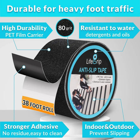Anti Slip Traction Tape 4 Inch By 38 Foot For Indoor Outdoor Stairs Grip, showing black tape roll with label detailing features.