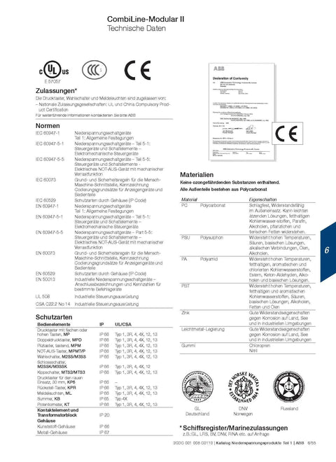 Technical data sheet for CombiLine-Modular II with certifications and material specifications detailed.