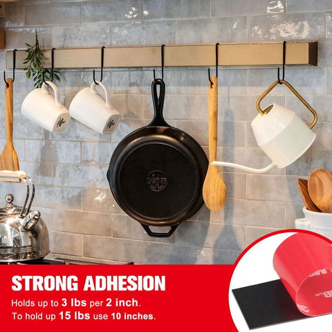 Double-sided heavy-duty mounting tape, waterproof foam, 16.4 ft x 0.94 in; red tape roll shown in banner