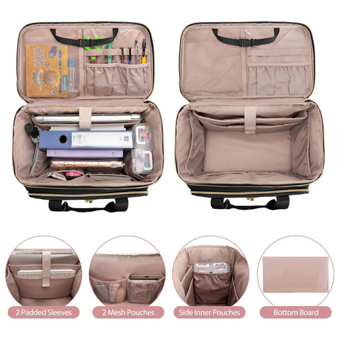Interior view of rolling teacher bag with two open compartments, padded laptop sleeves, elastic pouches, and storage for 15.6 inch laptops.