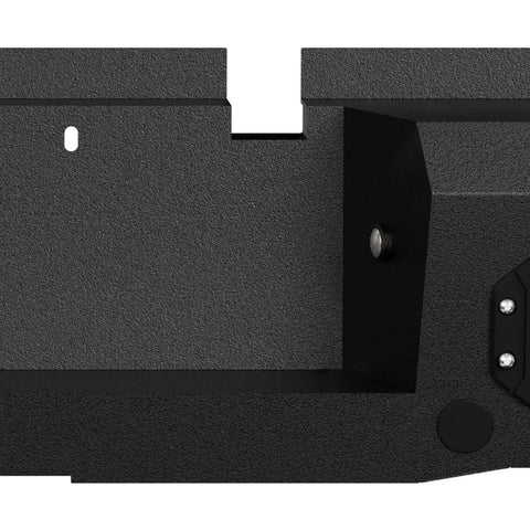 Close-up of a black Rear Step Bumper for Ram 1500 with 4x18W LED lights and D rings, showing textured metal surface.