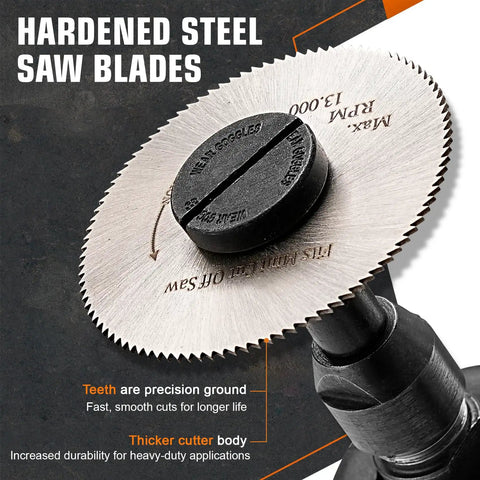 Close-up of Two Inch Cut Off Wheel With One Quarter Inch Stem Mandrel For Die Grinder Or Drill, showing hardened steel blade.