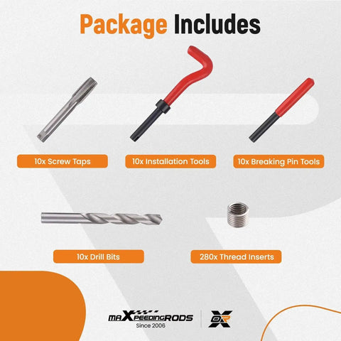 Package contents of 320 Piece Helicoil Thread Repair Kit With Metric And SAE Thread Restorer Set showing included tools and inserts.