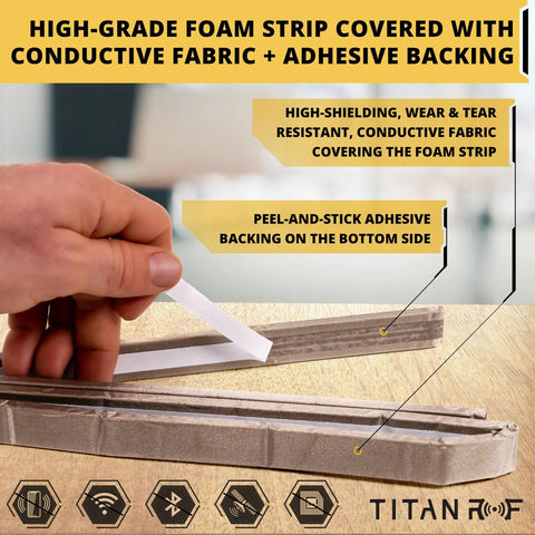 TitanRF Faraday foam gasket strip, 90 in long, 0.75 in wide, adhesive-backed with conductive fabric for RF enclosures.