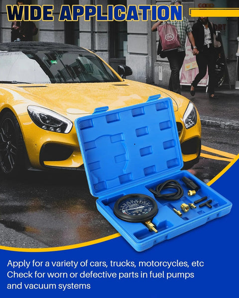 DASBET car vacuum and fuel pump tester gauge kit in blue carrying case with gauge, hoses, and brass fittings