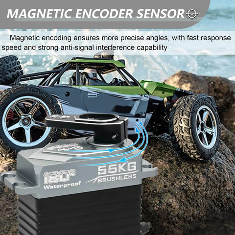 55KG Brushless Servo With Full Metal Build And Magnetic Encoder For Precise Motion displayed with RC car