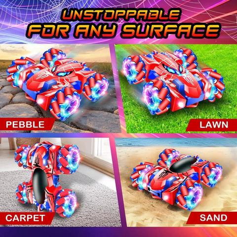 Kids 2.4GHz Rechargeable RC Car With 360 Degree Rotating Dual Side Driving 4WD Stunt Vehicle on pebbles, lawn, carpet, and sand