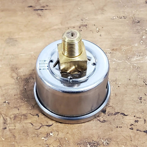 Rear view of 60 Psi Oil Pressure Gauge for Motorcycles with brass internals and stainless steel case, 1/8 inch NPT connection