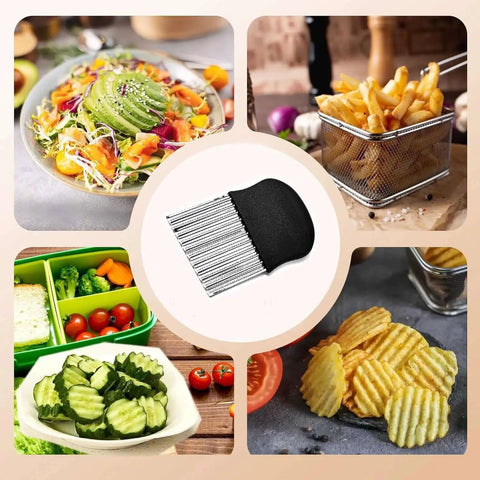 Stainless Steel Crinkle Cutter For Veggies And Potatoes Large Waffle Fry Slicer With Non Slip Ergonomic Handle Perfect For Restaurant Style Fries Wavy Veggie Chips Fruit Slices And Everyday Home Kitchen Prep 1 Pack surrounded by cut veggies and fries