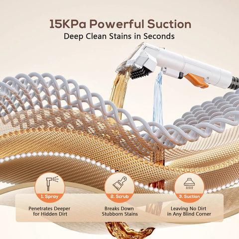 Close-up of powerful 15KPa Portable Carpet And Upholstery Cleaner From Ailltopd demonstrating suction on deep stains.