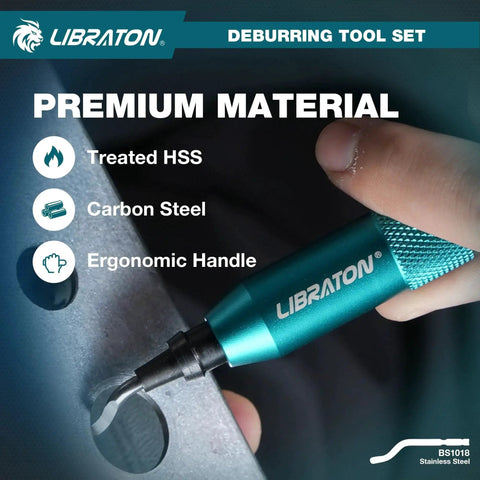 Close-up of Deburring Tool Kit With 360 Degree Swivel Handle in use on metal surface, showing ergonomic handle and treated HSS material
