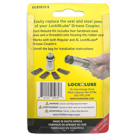 LockNLube Coupler Rebuild Kit 3-Pack in yellow packaging with four hardened steel jaws and rubber seal