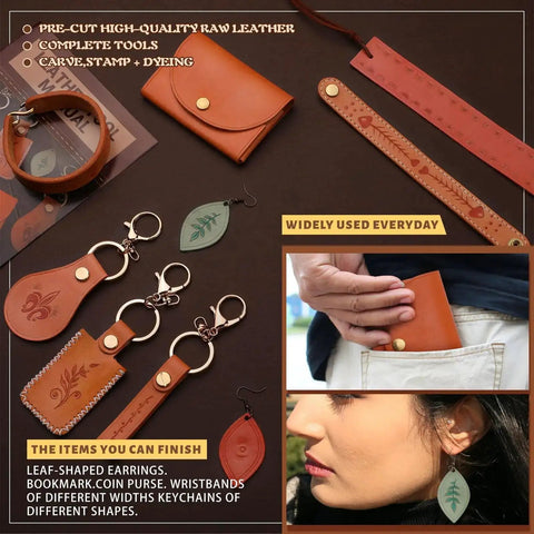 Dope Leather Working Kit With Pro Grade Tools And Dyes For DIY Beginners with crafted earrings, wallets, keychains, and wristbands.