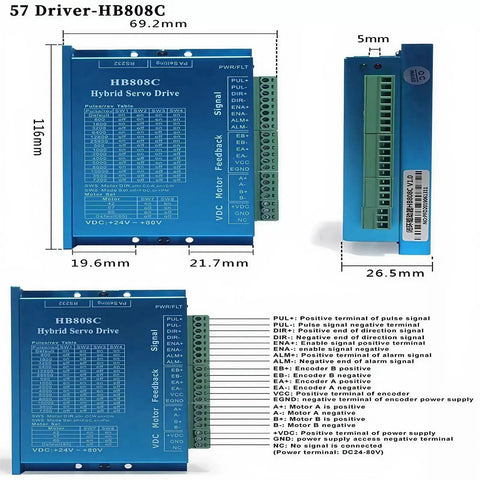 Blue HB808C hybrid servo driver with terminal connections, dimensions 116mm x 69.2mm for Closed Loop Nema 23 Stepper Motor Kit.